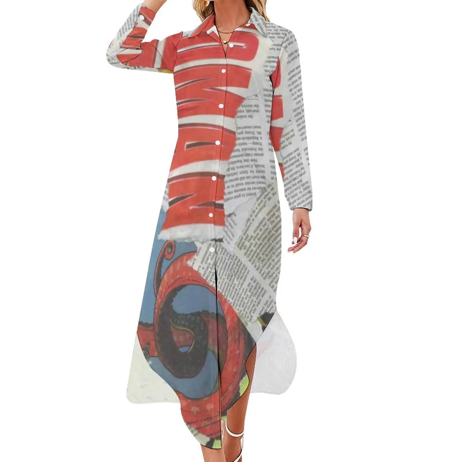 

Statement Newspaper Chiffon Dress Vintage Letter Print Vintage Dresses Long Sleeve Aesthetic V Neck Print Big Size Casual Dress