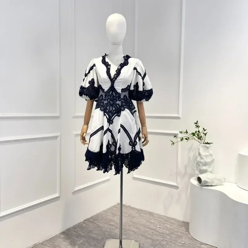 

Latest High Quality Elegant Patchwork Lace Tiggy Hollow Out Half Lantern Sleeve Waist Mini Dress for Women