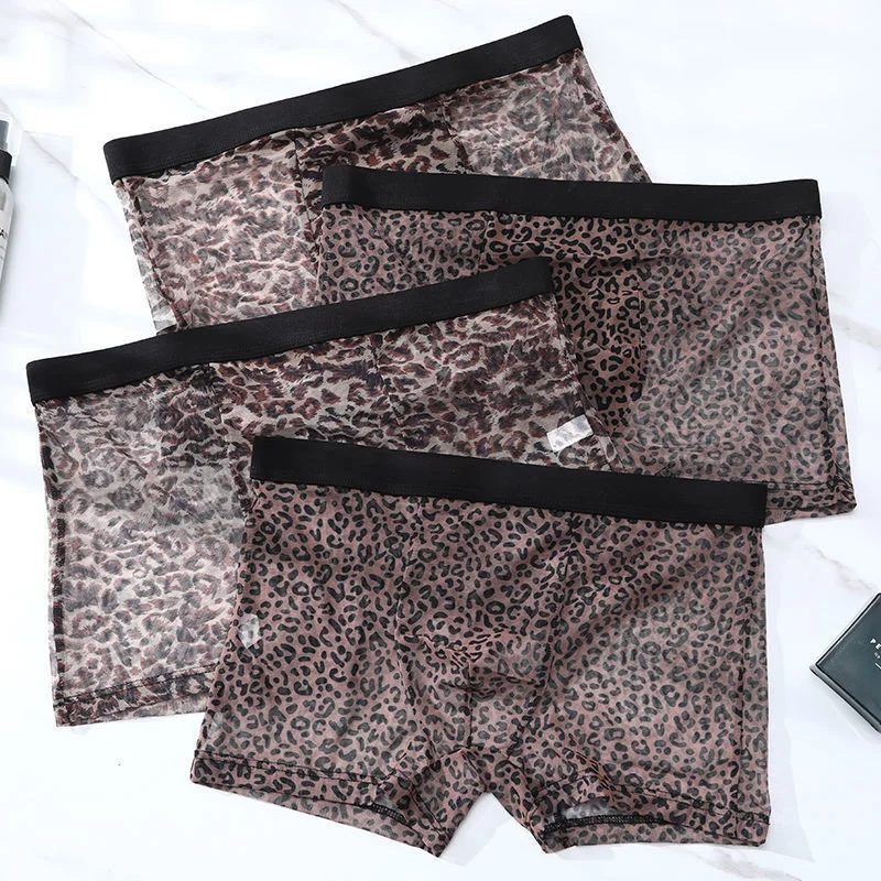 

Men Sexy Leopard Seamless Underwear Pants Ultra-thin Transparent Boxershorts Mid-rise Mesh Slips Homme Panties Boxer Shorts