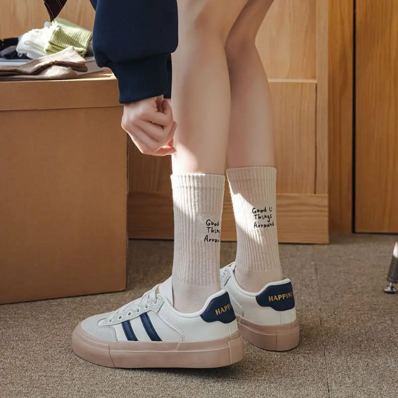 Women's Stockings 2pcs Kawaii Solid Color Monogram Embroidery Fashion Style Colorful Leisure Simple Long Cotton Woman Socks Set