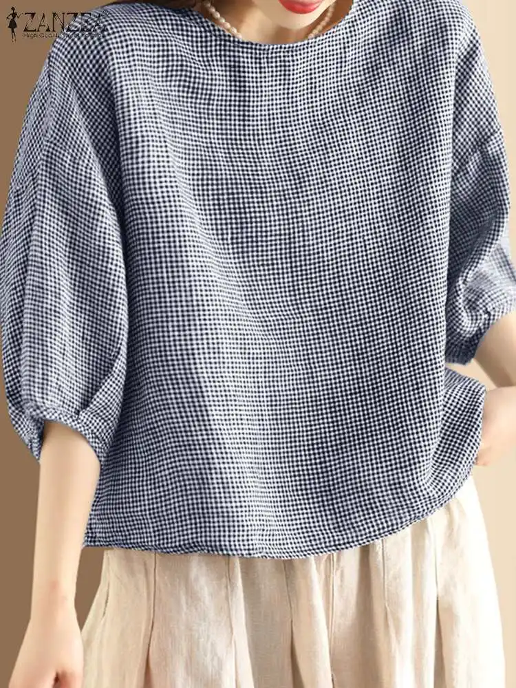 Летняя рубашка ZANZEA с круглым вырезом и рукавом 3/4 женская блузка в клетку
