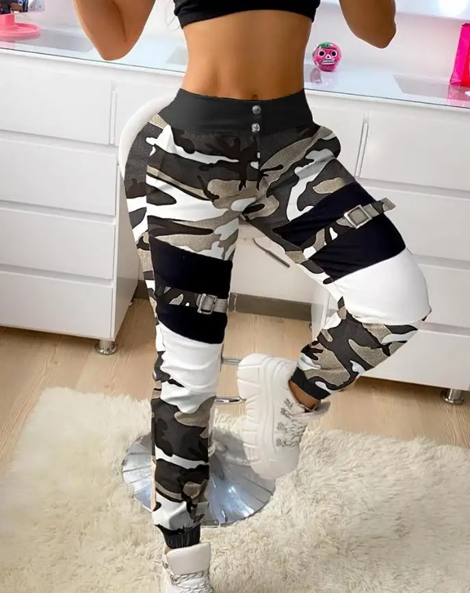 

New Women's Camouflage Color Matching Trousers Khaki Color Matching Trousers Buttoned Camouflage Print Buckle Cargo Pants