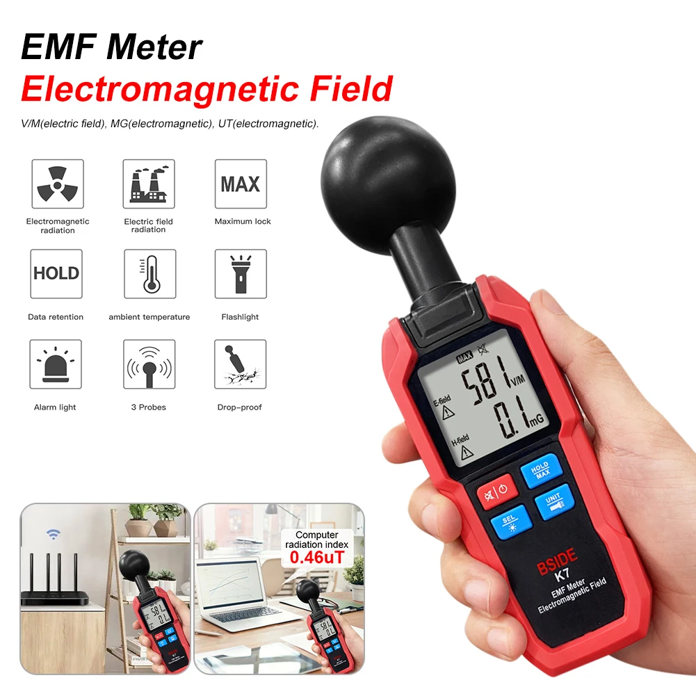 

EMF Meter Electric Field Electromagnetic Field Radiation Tester Strength Meter with Temperature Gauge Digital LCD Display K7