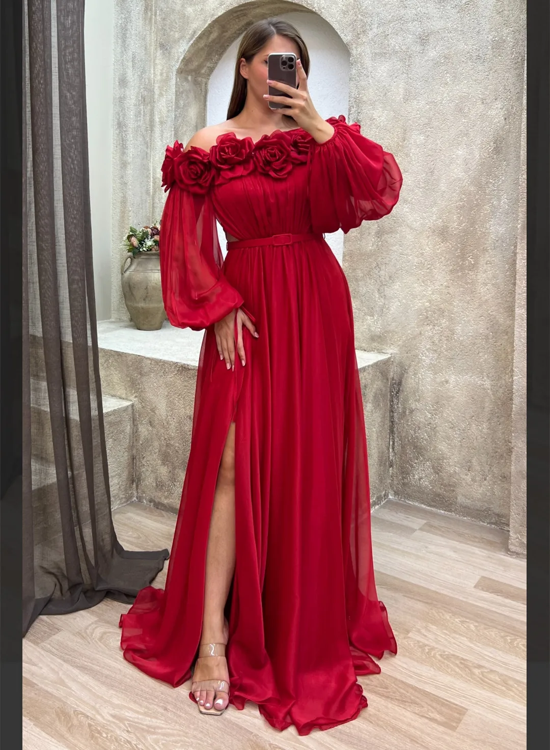 

Элегантные длинные красные вечерние платья с вырезом лодочкой и цветами, шифоновое ТРАПЕЦИЕВИДНОЕ ПЛАТЬЕ до пола с разрезом для женщин