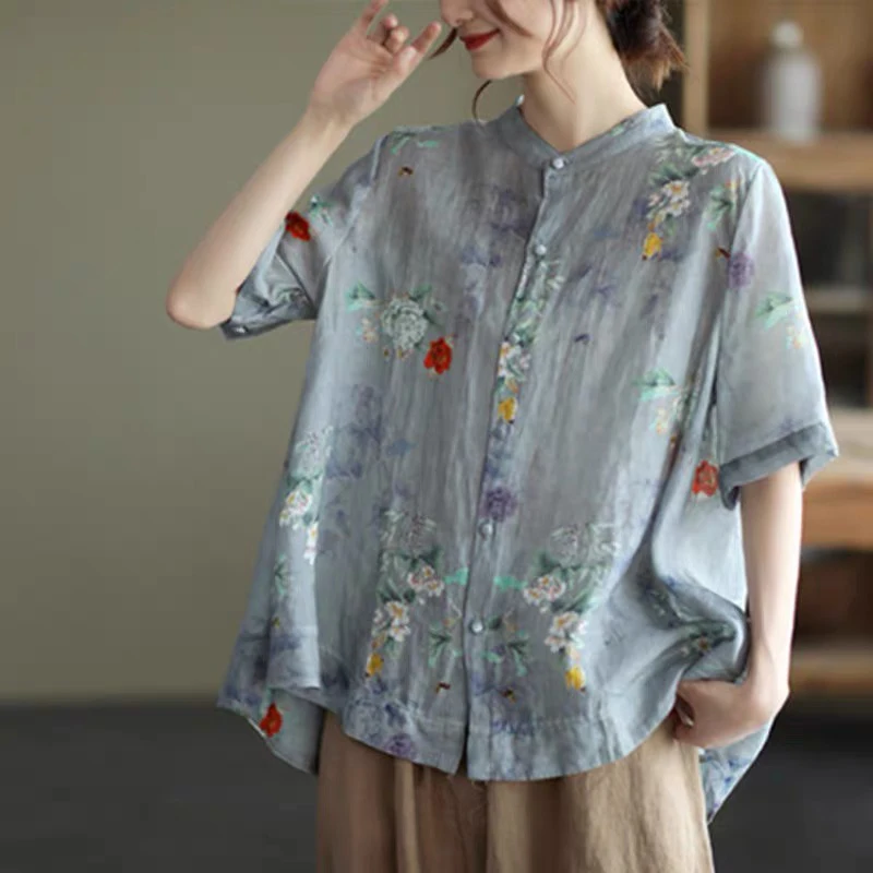2022 Summer New Arts Women Short Sleeve Stand Collar Loose Shirt Vintage Flower Print Cotton Linen Blouse Female Tops C246 |
