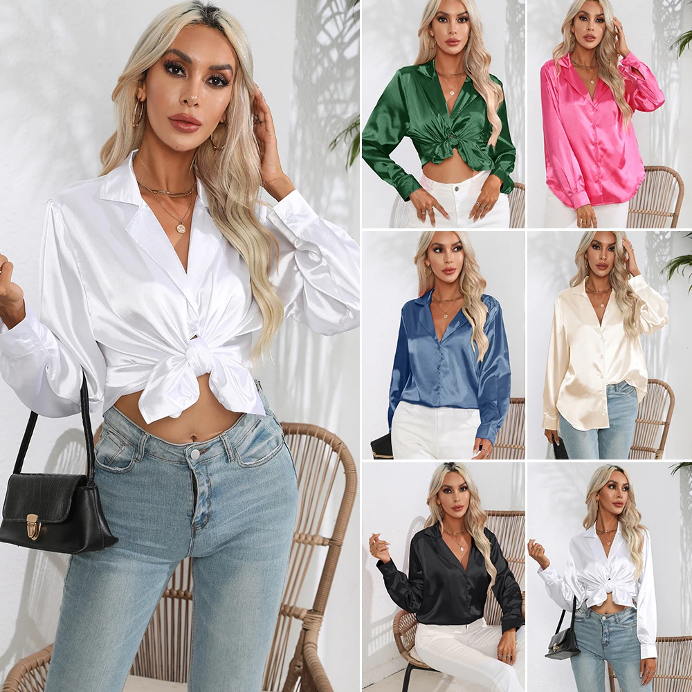 

2023 Spring Summer Women Shirts Office Lady Woman Long Sleeve Satin Turn-down Collar Blouse with Single Breasted Female Blouses