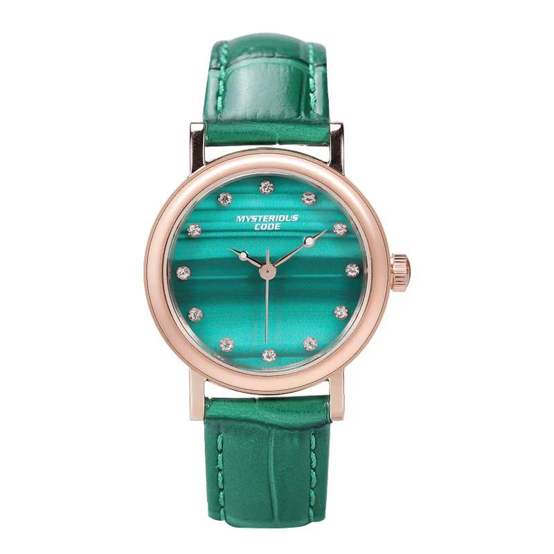 

Mysterious Code Women's Diamond Small Fresh Small Green Watch Malachite Waterproof Stainless Steel Leather Ladies Watches Gift