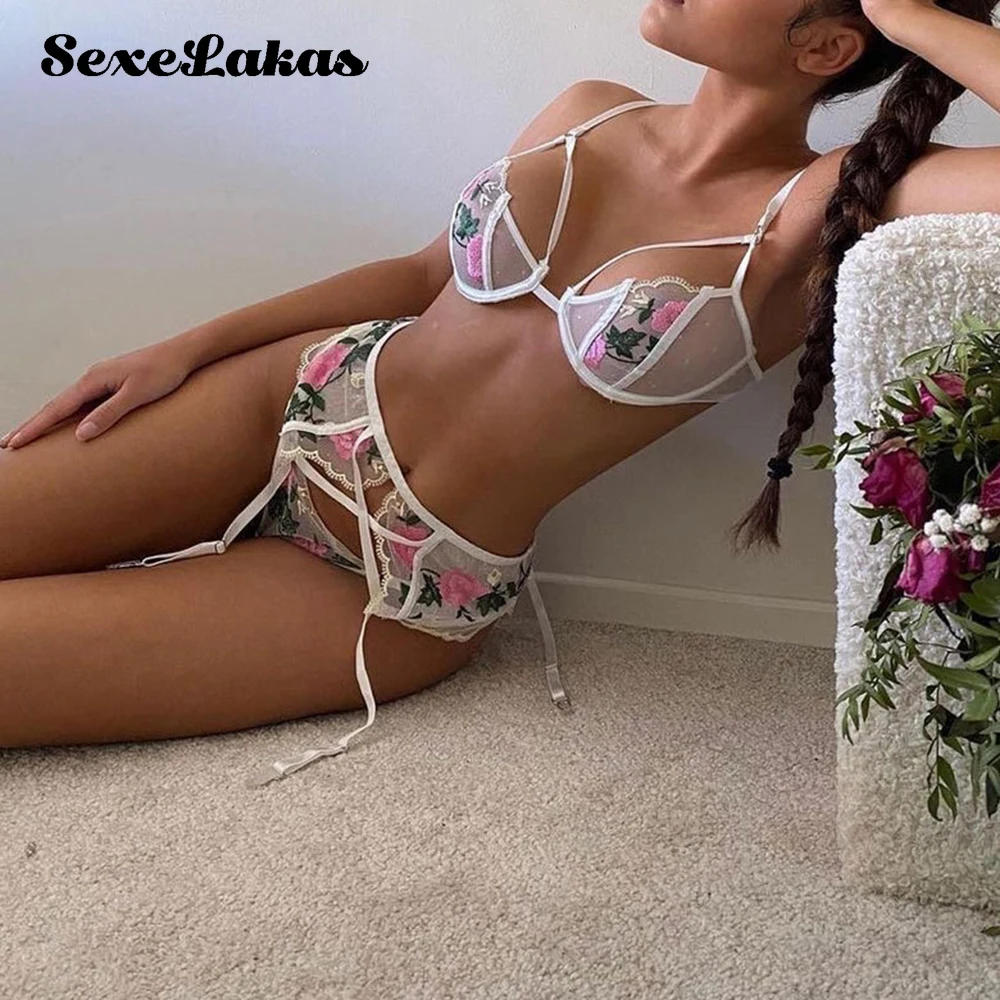 

SexeLakas Underwear Women Lace Set Transparent Sensual Intimate Three Pieces Floral Embroidery Mesh Lingerie Erotic Costumes
