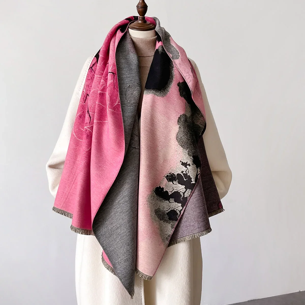 Зимний Женский Кашемировый Теплый Шарф Из Искусственной Пашмины С Цветочным
