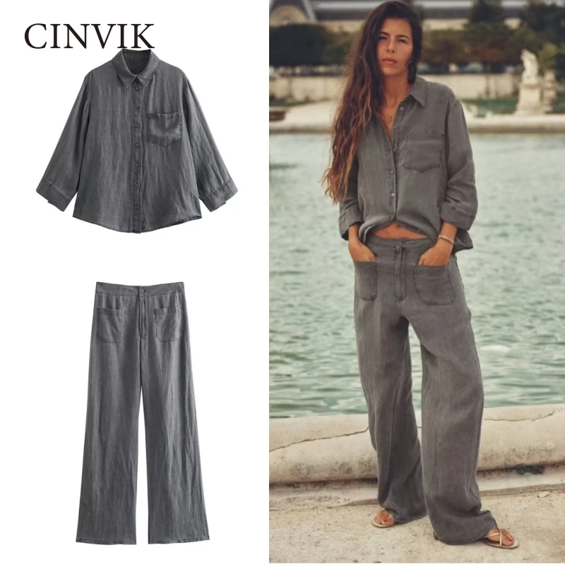 

Autumn Womens Outifits Linen Shirts Two Peice Sets Fashion Clothing Casual Suit Loose Set High Waist Wear Suits Female Pant Sets