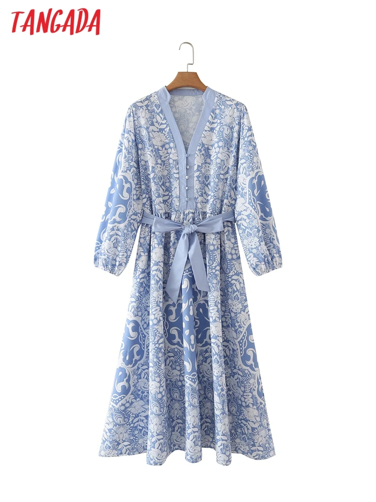 

Tangada 2022 Autumn Women Blue Flowers Print Dress with Slash Long Sleeve Office Ladies Midi Dress 5X73