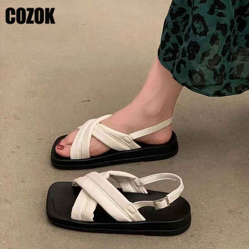 

Summer Platform Sandals Women Rome Square Toe Wedges Shoes Ladies Cross Beach Outside Buckle Flats Heel Plus Size Sandalias
