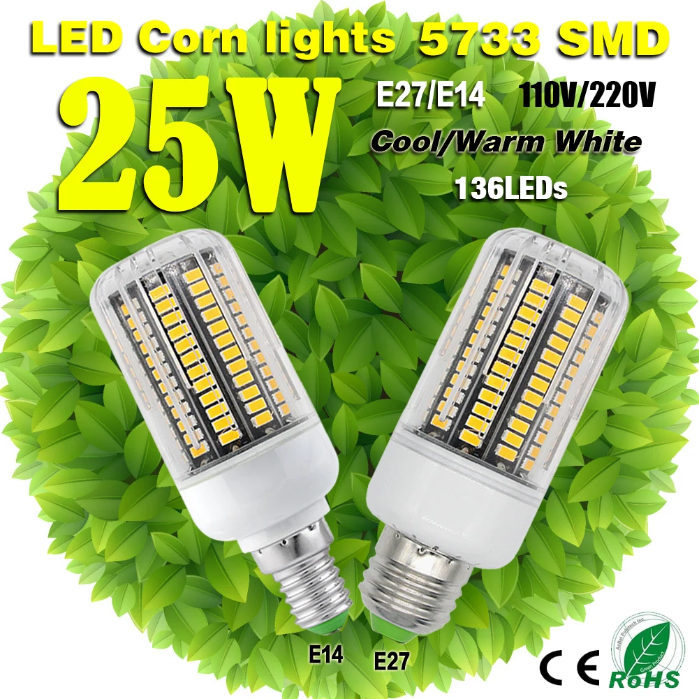 

25W High Bright 5733 LED Corn Bulb Lamp Cool/Warm White E27/E14 Light Efficient 5733 LED Corn Bulb lampada 110V