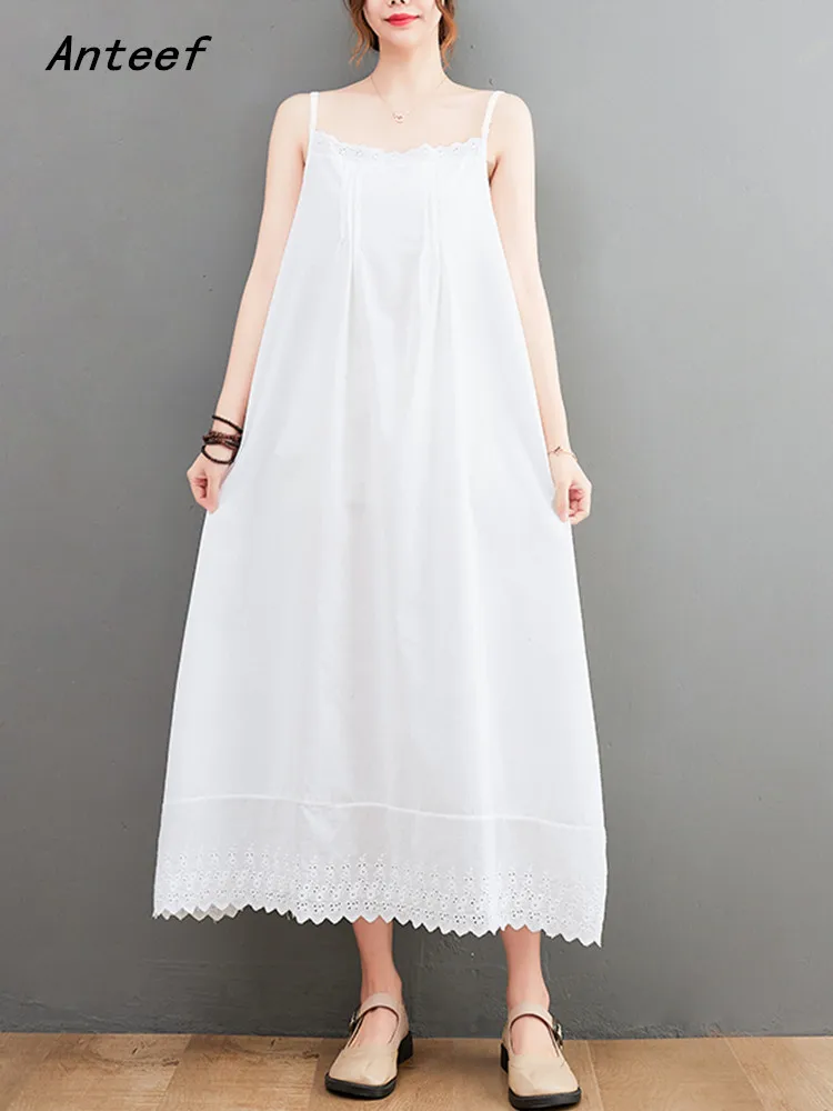

Anteef sleeveless cotton lace strap vintage floral dresses for women casual loose long summer beach dress elegant clothing 2022