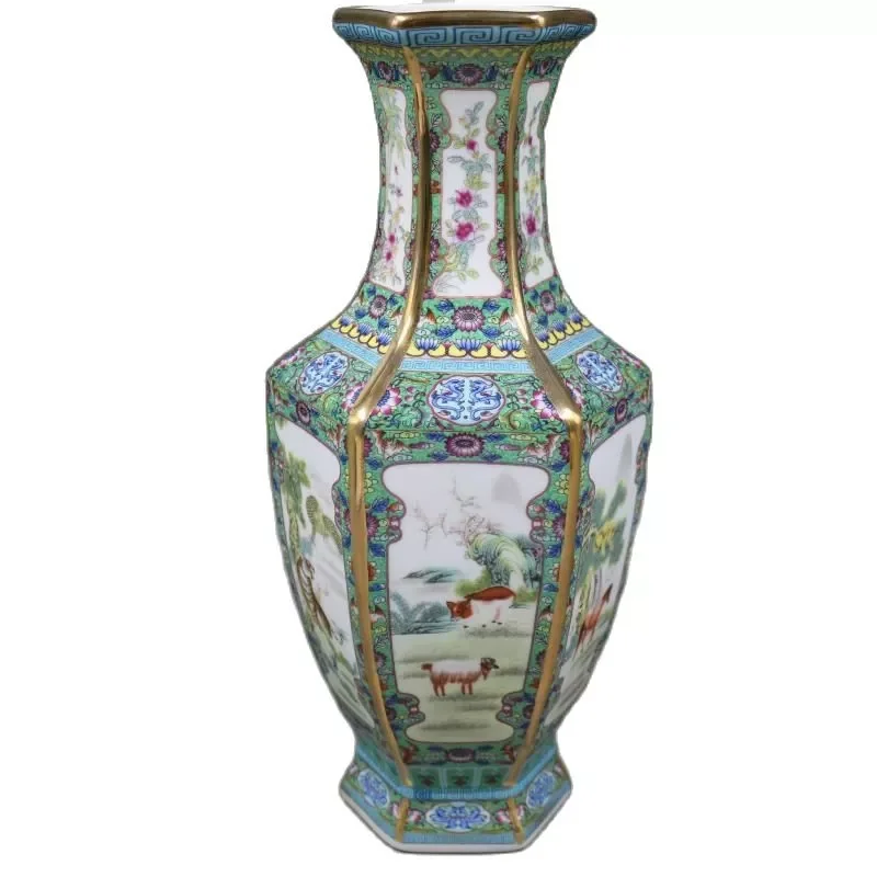 

NEW2023 Enamel Ceramic Vase Painting in Qianlong Year Mark Golden Zodiac Hexagonal Vase Antique Porcelain Collection Room Home D