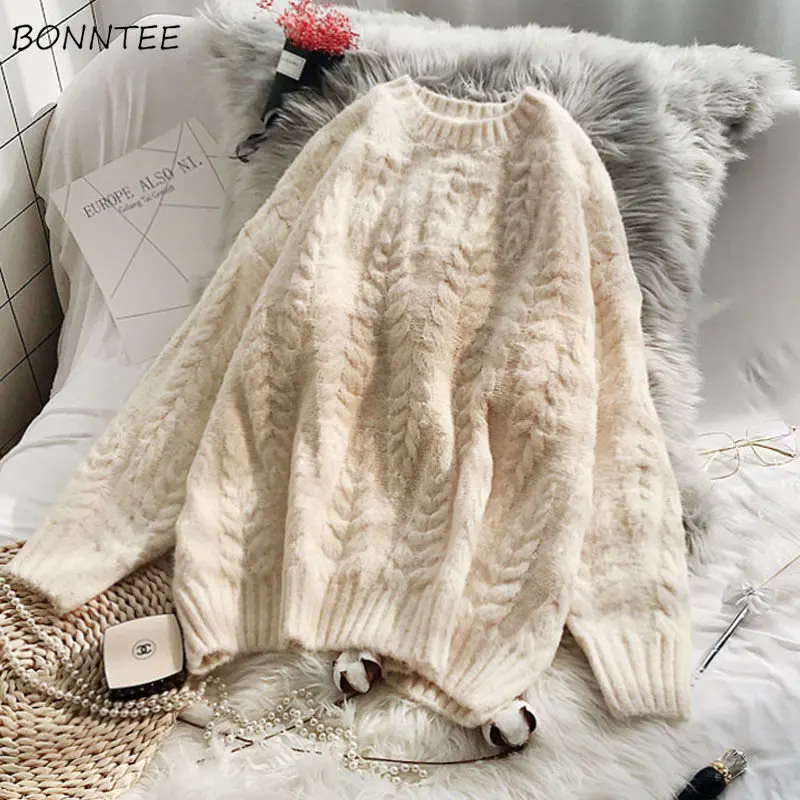 

Pullovers Women Baggy O-neck Gentle Simply Korean Fashion Knitwear Свитер Женский Basics Cozy Sweaters Pure Clothes Ins Simply