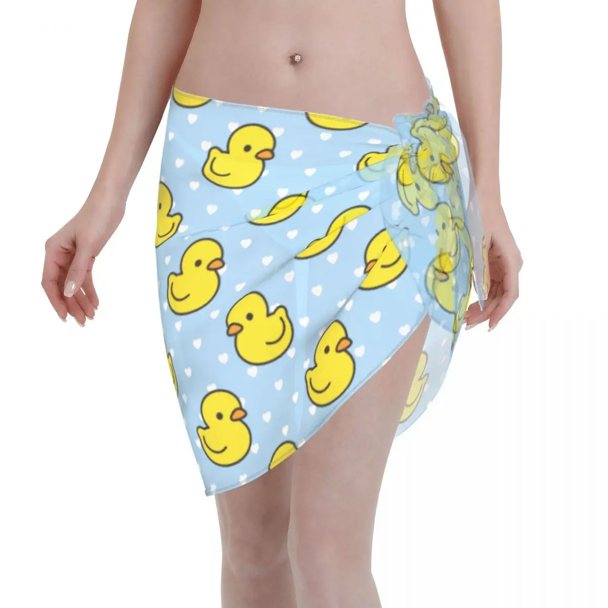 

Sexy Women Cartoon Yellow Duck Pattern Perspective Pareo Swimwear Cover Ups Bikini Cover-Up Sarong Short Skirt