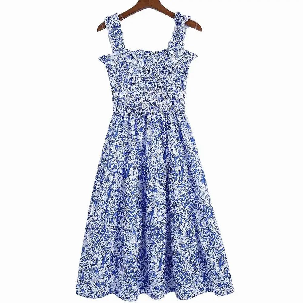 

Summer Dress Women 2022 New Clothing Floral Print Shirred Elastic Bust Spaghetti Strap Mid-Calf Feminino Vestidos