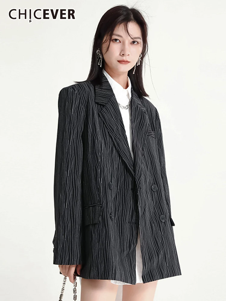 

CHICEVER Solid Striped Blazers For Women Lapel Long Sleeve Patchwork Pocket Casual Minimalist Blazer Female Autumn Clothing 2022