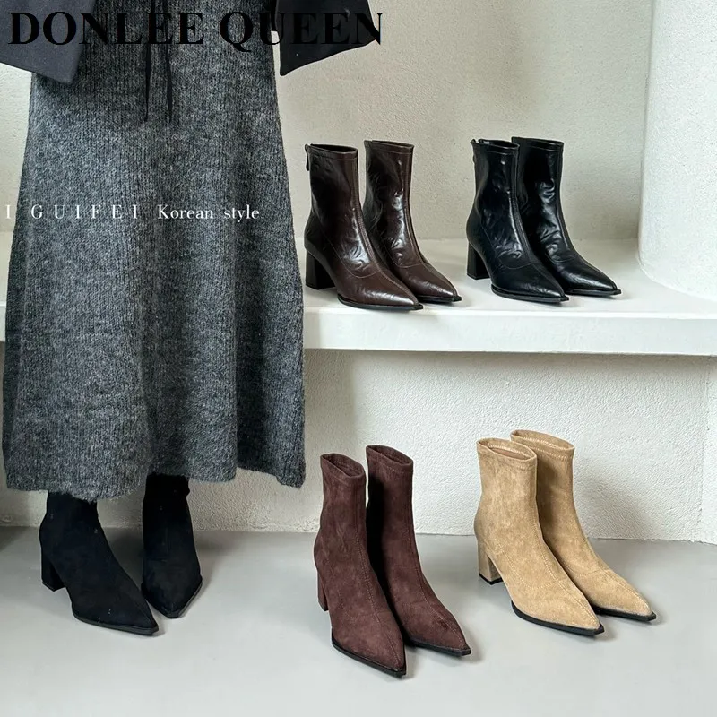 Женские ботинки из микрофибры на толстом каблуке