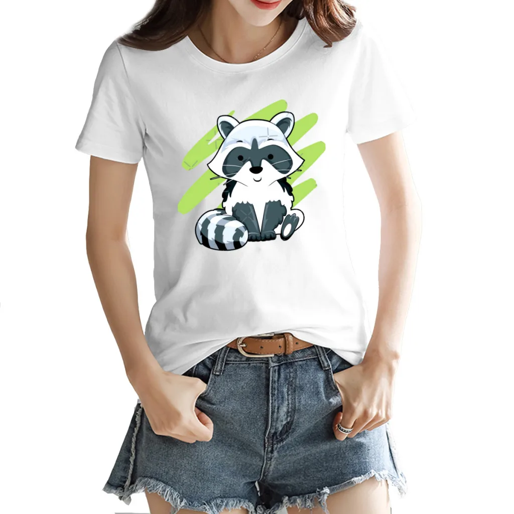 

Women's T-shirt Little Raccoon Buddy 2 Unique Crewneck Nerdy Fresh White Tees Tops European Size