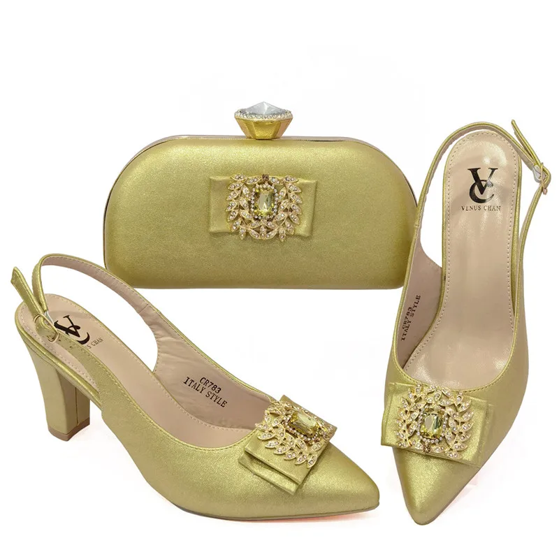 Newest Fashion Italian Shoes and Bag Set Wholesale 2020 Gold Color for Wedding Pumps and Matching Purse for Women Party