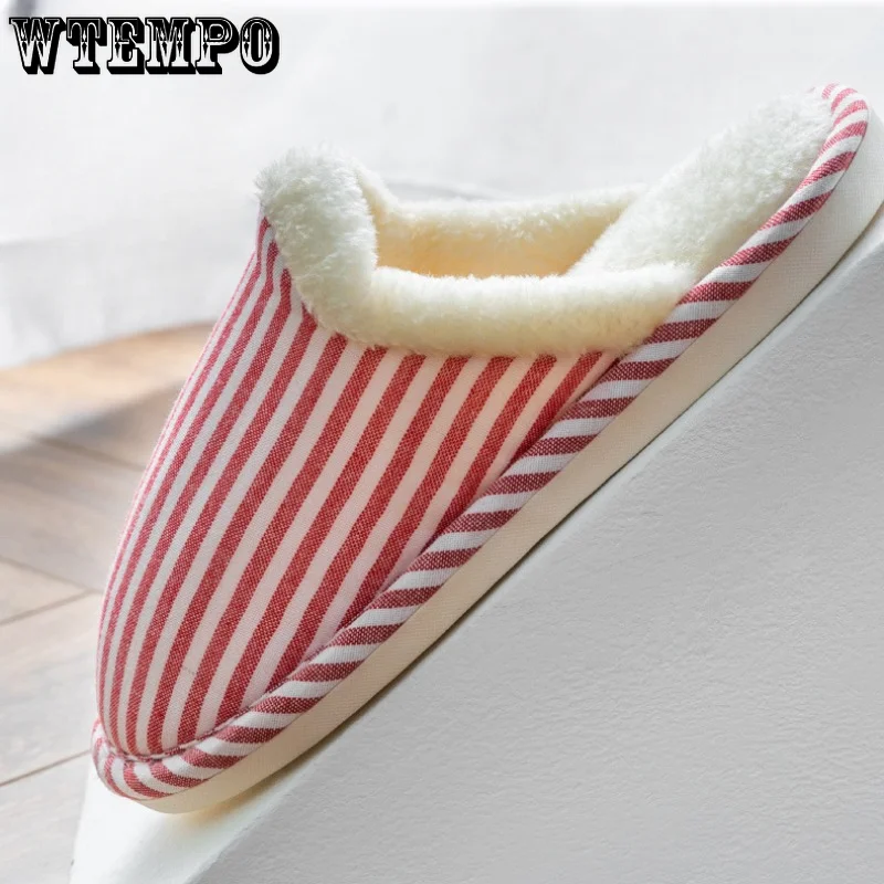 WTEMPO Striped Cotton Slippers Autumn Winter Warm Non-slip Plush Slides Indoor Soft Silent Cotton Shoes for Couples Wholesale