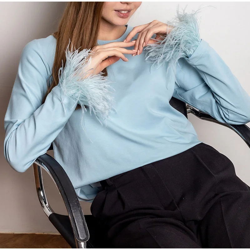 2022 Spring Autumn Casual O-neck Long Sleeve Pullover Tops Women Feather T-shirt Fashion Elegant Office Lady Blouse Shirts