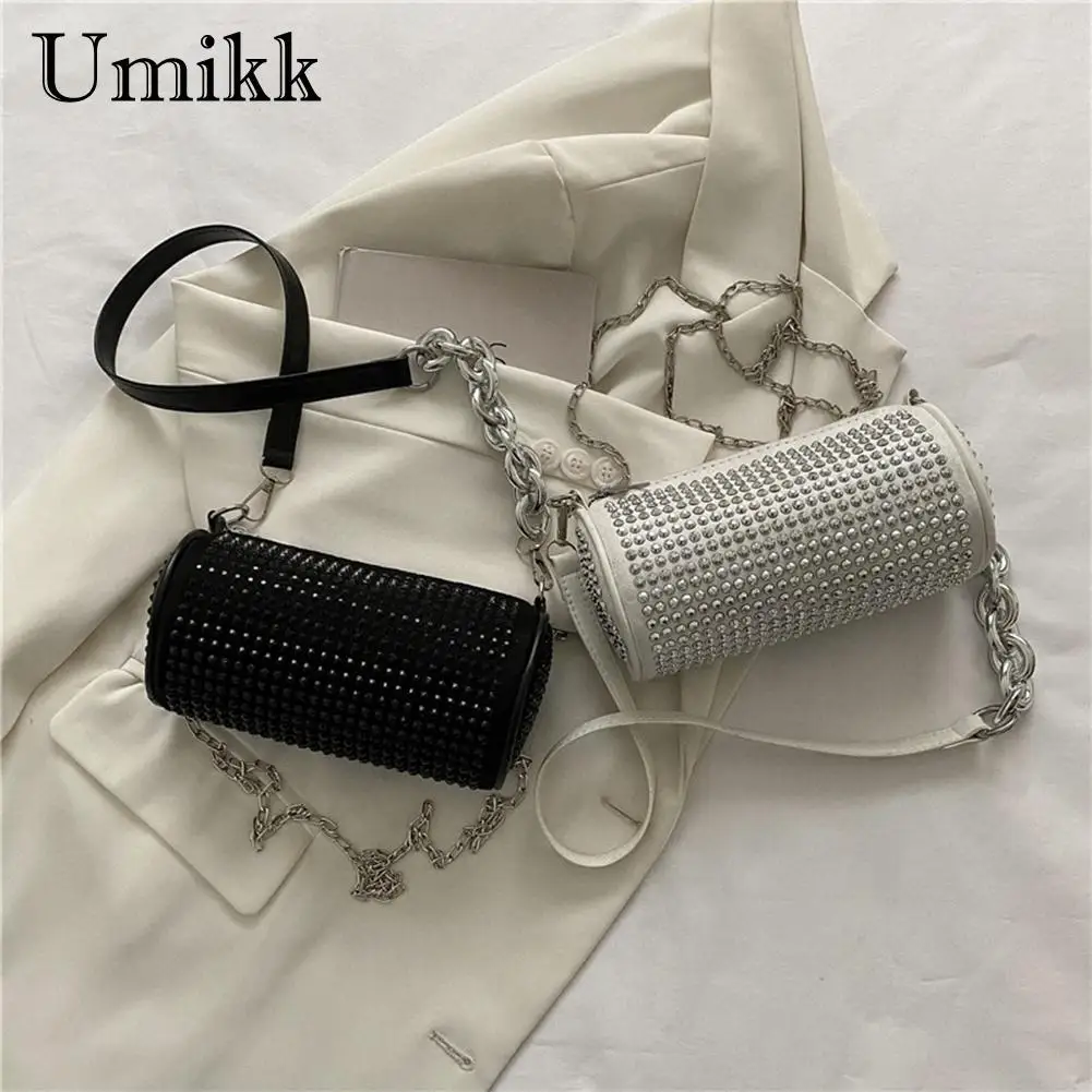 

Exquisite Cylinder Rhinestone Shoulder Crossbody Bags Women Casual Chain Sling Purse Stylish Party Travel Handbag