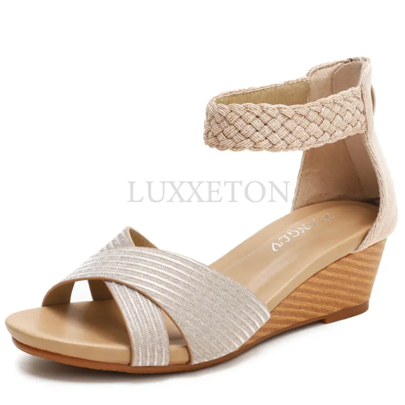

Women Weave Wedge Shoes Fashion New Zipper Ladies Sandals Fish Mouth Casual Beach Sandals Golden Roman Shoes Sandalias