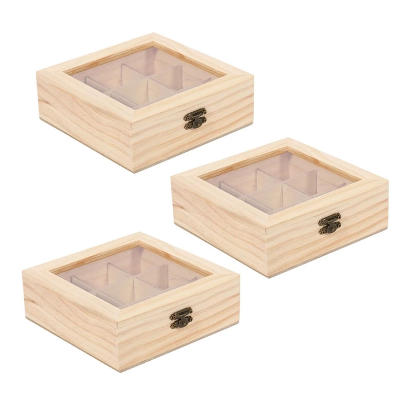 

3X Wooden Tea Bag Jewelry Organizer Chest Storage Box 9 Compartments Tea Box Organizer Wood Sugar Packet Container