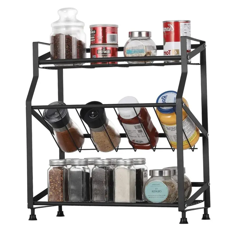 

3 Tiers Spice Rack Organizer Freestanding Kitchen Metal Spice Holder Storage ,Black