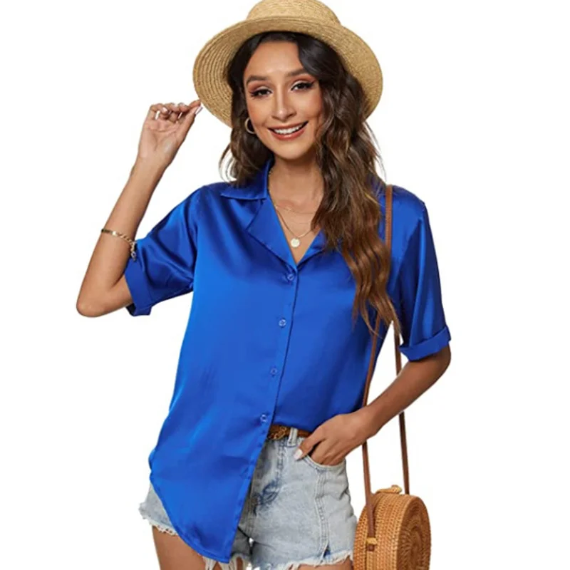

Summer 2022 Women White Notched Blouse Casual Solid Color Short Sleeve Button Up Shirt Ladies Fashion Loose Irregular Hem Shirts