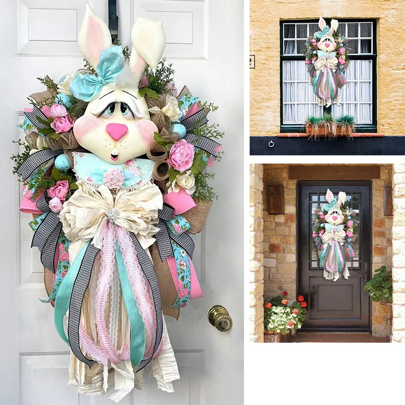 2023 New Easter Bunny flowers Wreath Colorful Door Wall Oranments Happy Easter Rabbit Home Party Creative Garland Festival Decor