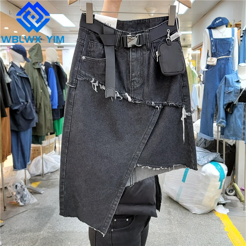 

Summer Denim Skirt Women Pocket Fashion High Waist Mide Long Skirt Korean Casual A-Line Irregular Jeans Skirts Female With Belt