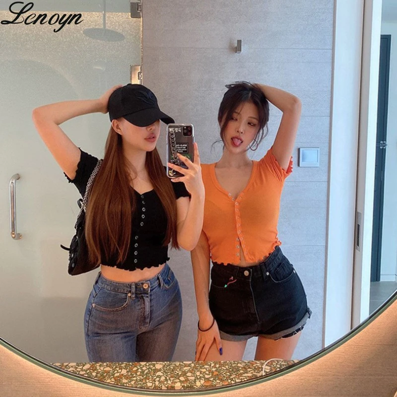 

Lenoyn Summer New Slim Fit Show Thin Sexy Button Show Chest Large Versatile Short Sleeve T-shirt Cardigan Top for Women