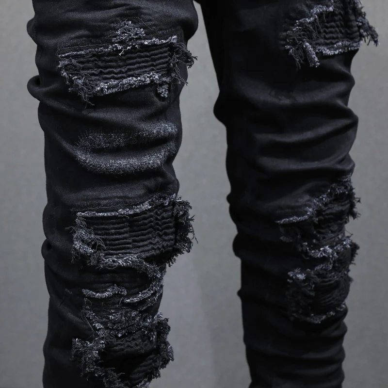 High Street Fashion Ripped Jeans Men Patched Designer Black Elastic Hip Hop Brand Pants Hombre Stretch Skinny Punk Jeans Homme