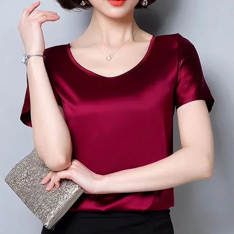 Женская Атласная Блузка С Круглым Вырезом Элегантный Офисный Топ Короткими