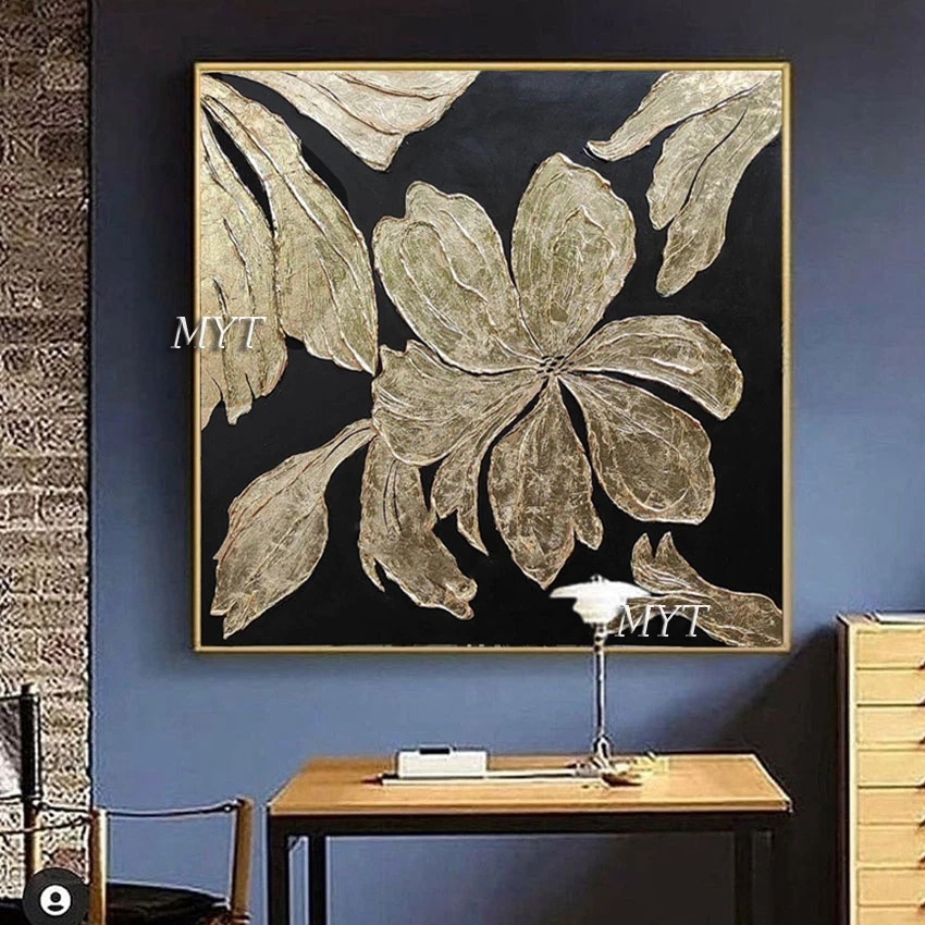 

Художественная картина ручной работы с цветами из золотой фольги, современная абстрактная текстурированная картина маслом, без рамки, укра...