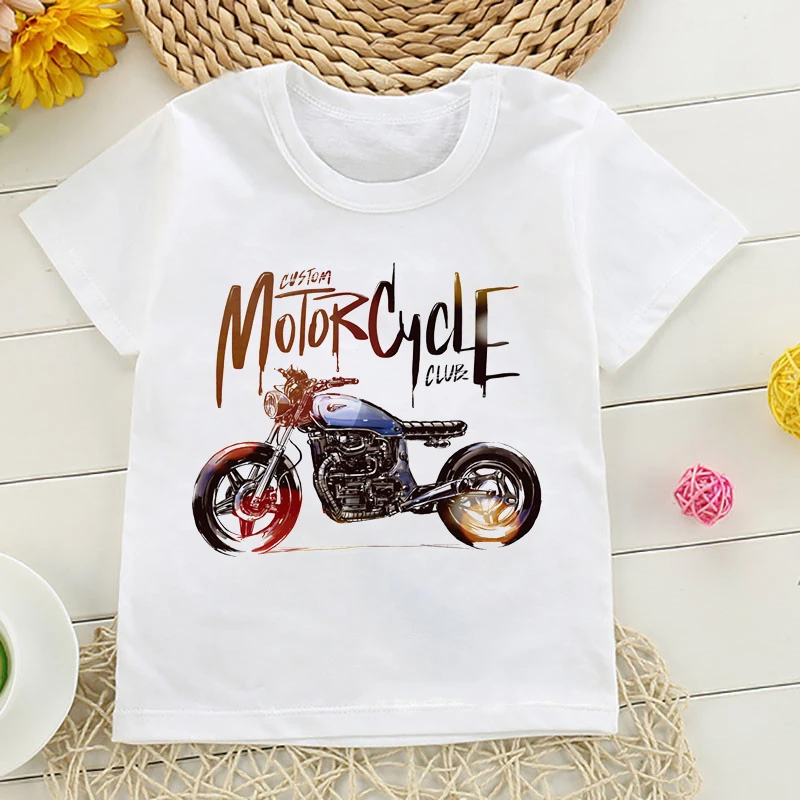 Cool Motorcycle Graphic Print Boys T-Shirts Boy Summer Clothes Fashion Tee Toddler White Tops,Drop Ship
