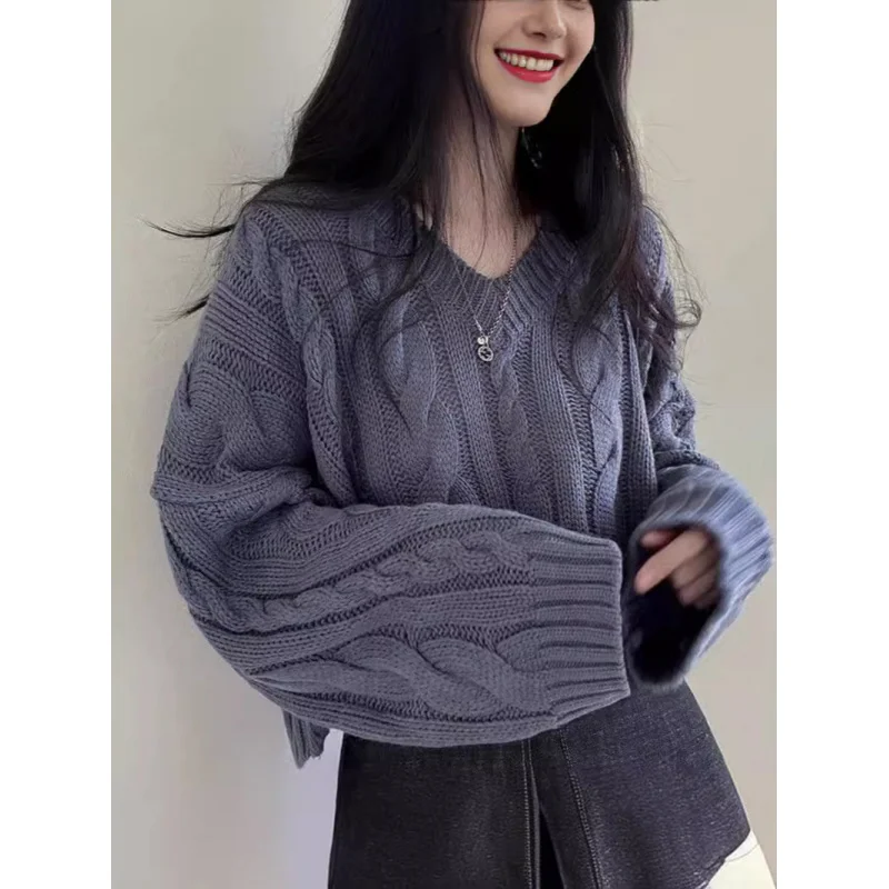 Пуловер с v-образным вырезом в стиле ретро свитер длинными рукавами женский