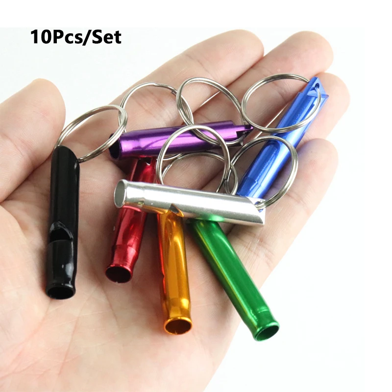 

10pcs Mixed Colorful Aluminum Survival Metal Whistle Self Defense Keychain For Outdoor Camping Hiking Safety Key Rings Mini Size