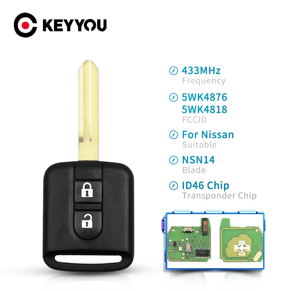 

KEYYOU 433 МГц для Nissan Elgrand X-TRAIL Qashqai Navara Micra Note NV200, 2 кнопки ID46, стробочка 5WK4876 5WK4818