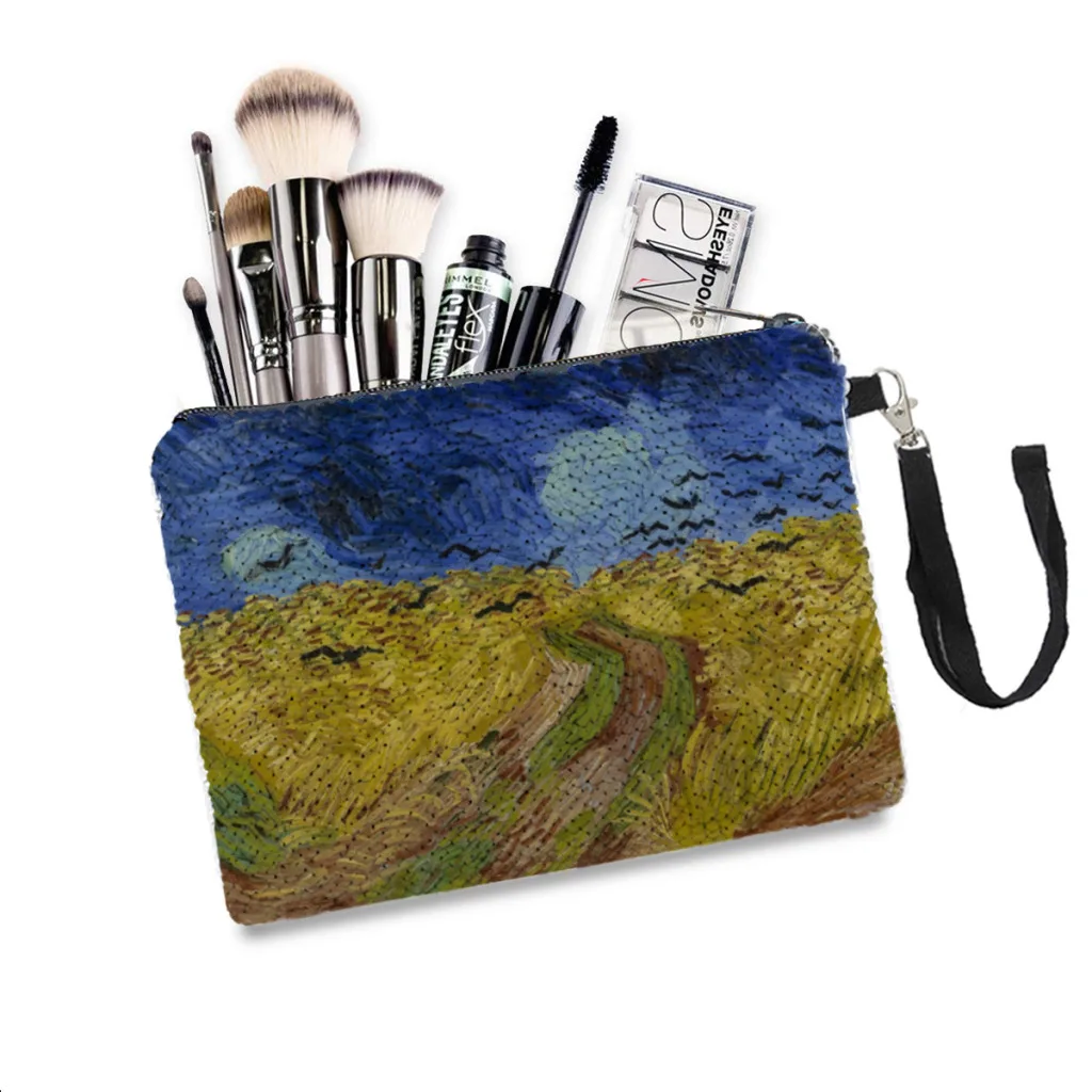 

Wheat Field Under Threatening Skies Sequins Makeup Bag Vincent Van Gogh Women Girl Glitter Portable Cosmetic Bag Travel Storage