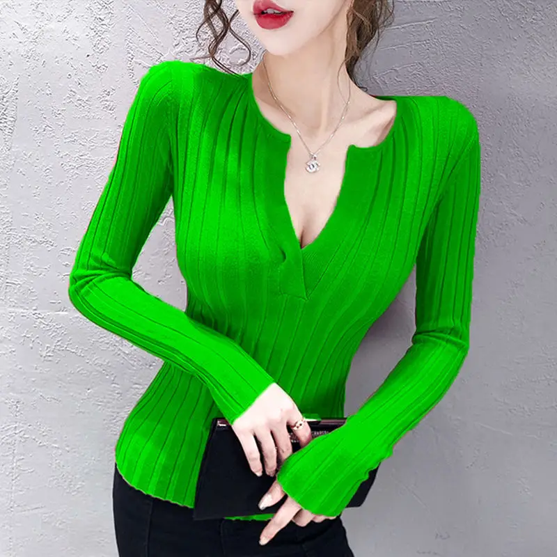 

Green Bright Sexy Office Lady Vest Pullover Low V Collar Sweater Women's T-shirt Sweaters Women Girl Pull Slim Top Cloth Shirt