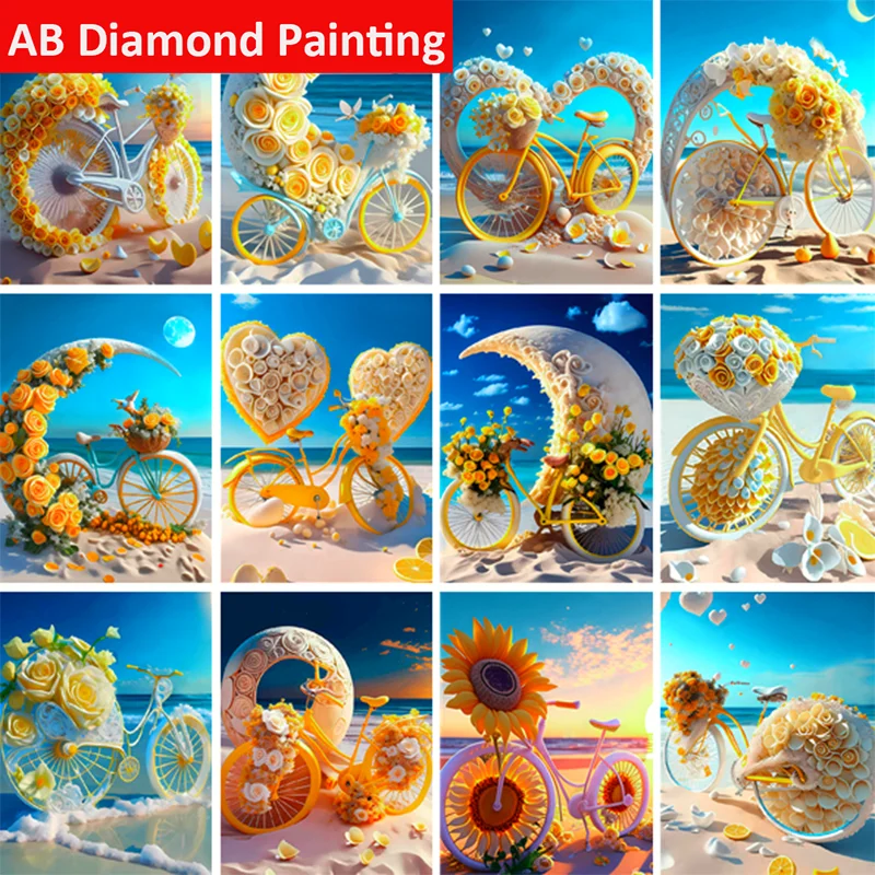 Алмазная 5D живопись «сделай сам», алмазная вышивка с изображением цветов яллоу, розы, велосипеда, Луны, пляжа, пейзажа, мозаика для украшения ручной работы