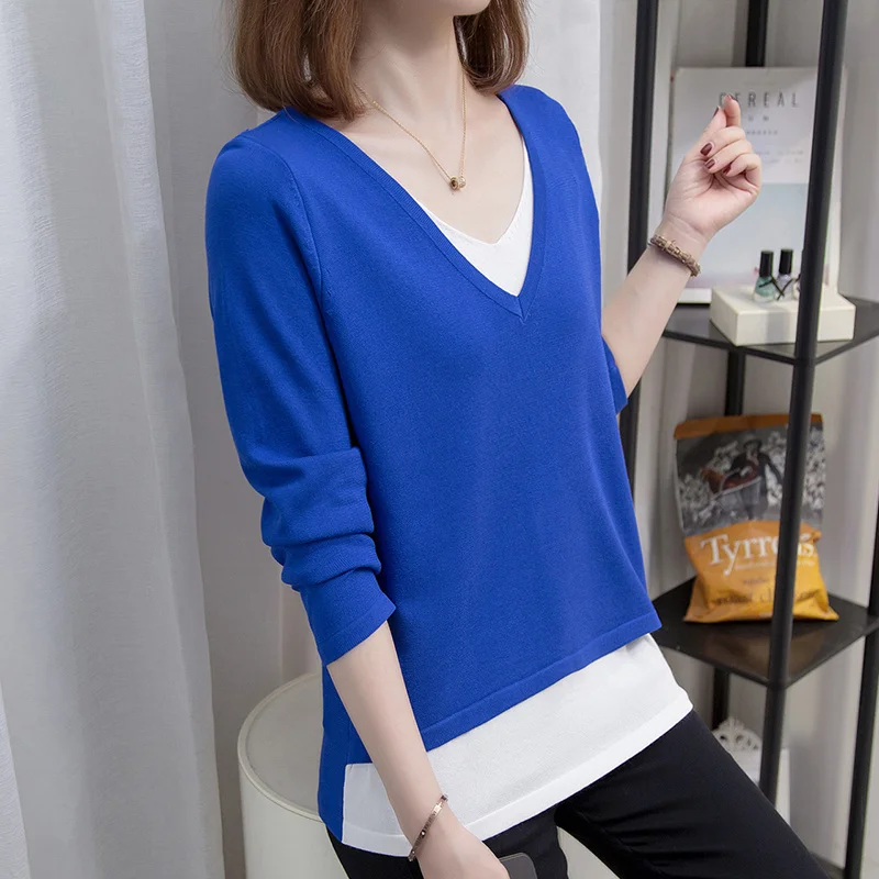 

2022 Большие женские свитера в стиле пэчворк на осень и зиму, свободные вязаные джемперы из двух частей, модные вязаные топы оверсайз