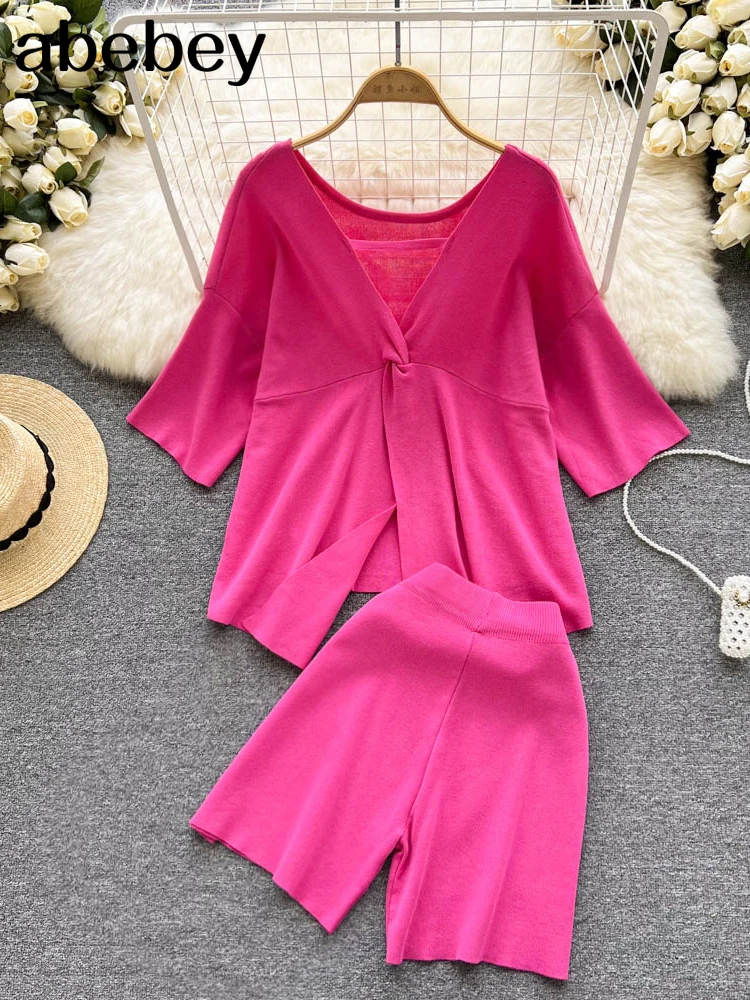 

Two Piece Outfits for Women Knit Decor High Waist Solid Shorts +V-Neck Short Sleeve Casual Pullovers TopsNew