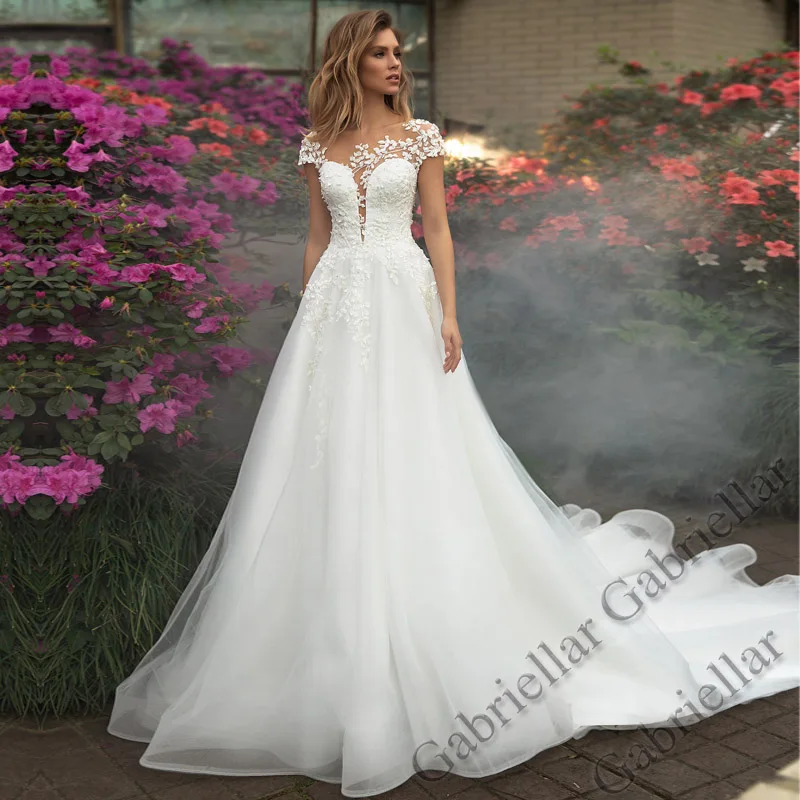 

Gabriellar SCOOP Wedding Dress Aline Cap-Sleeve Tulle Exquisite Buttons Appliques Mopping Gown Vestido De Novia 2022 Women