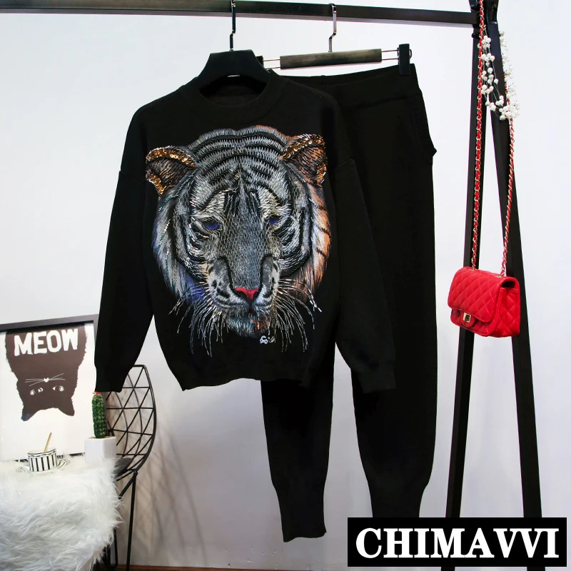 

Новинка Осень-Зима Женский вязаный свитер с длинным рукавом с бусинами и головой тяжелого тигра повседневные брюки комплект из 2 предметов ...